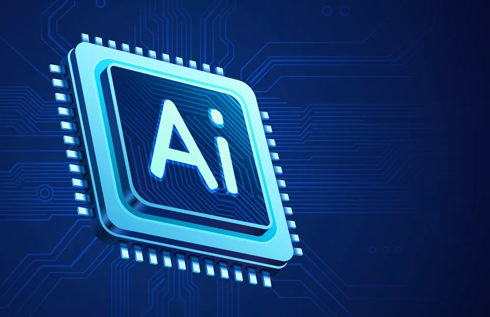 Illustration of a computer chip with the letters 'AI' on it, symbolizing artificial intelligence, set against a blue digital circuit background