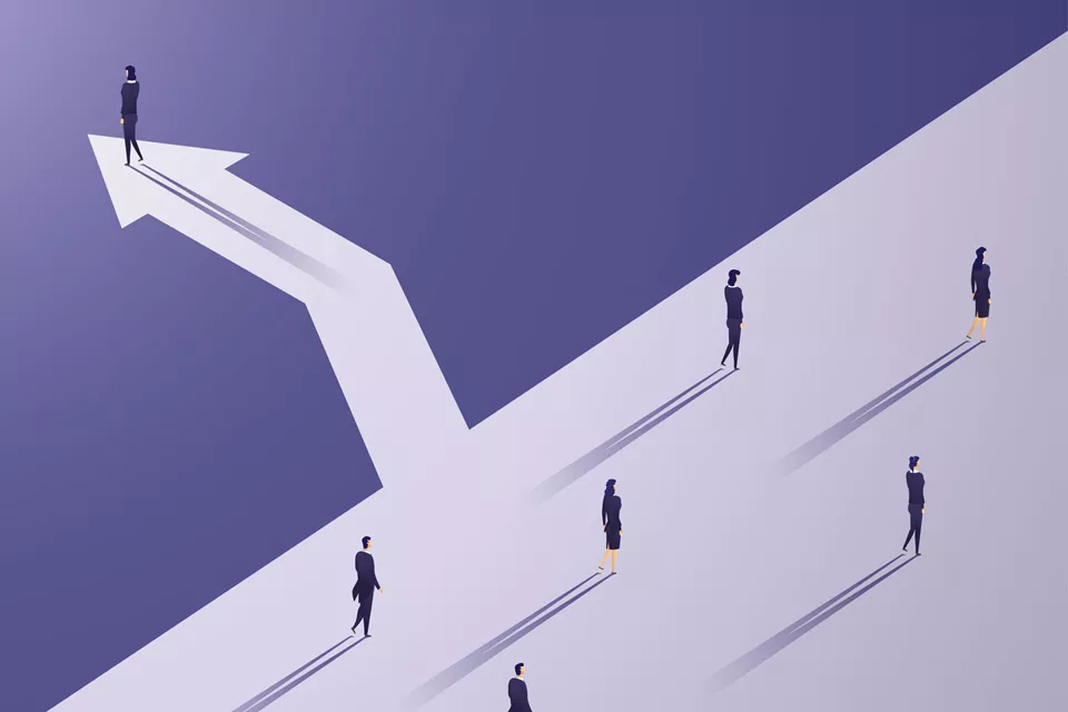 Illustration of businesspeople walking along a large arrow-shaped path, with one person taking a branching arrow that points upward—symbolising a new direction or career change—in purple tones.